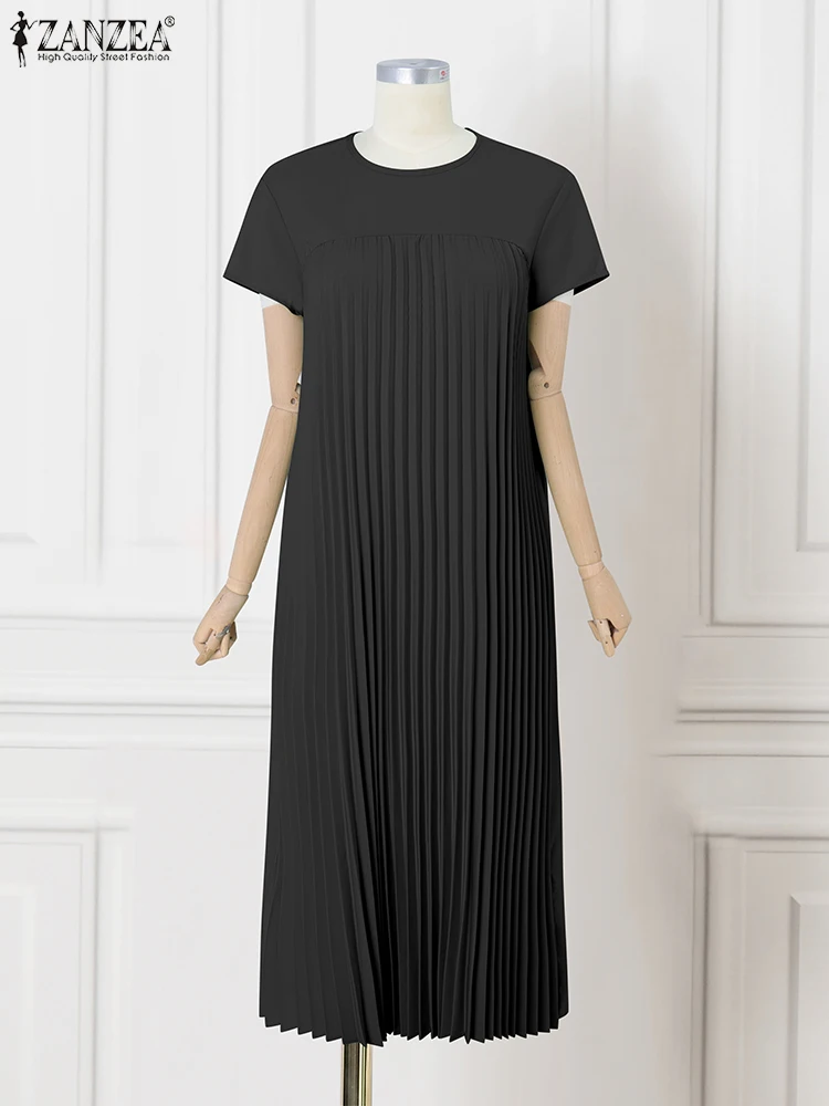 ZANZEA แฟชั่นจีบ Vestidos หลวม O-คอ Seamed แขนสั้นเสื้อยืดชุดลําลอง 2025 ฤดูร้อนสีทึบผู้หญิงชุด Midi