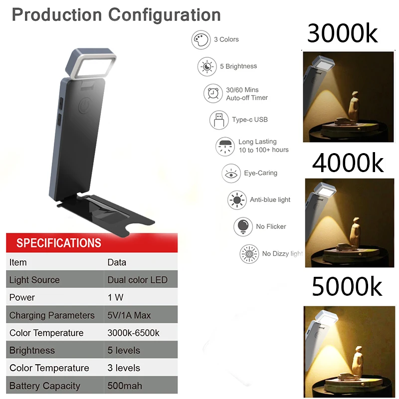 Mini luz de lectura portátil, lámpara LED recargable por USB para estudio, trabajo, escritorio, protección ocular en 5 brillos, luz LED para libros con Clip