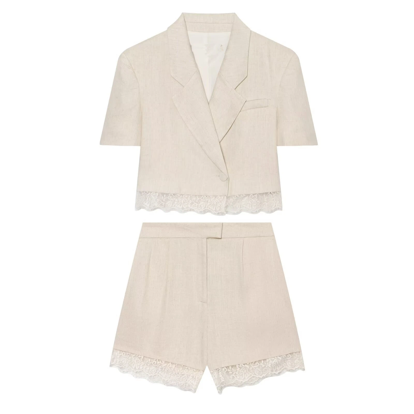Maxdutti Southern France Lazy Minimalist Suit Shorts Set Lace Splicing Casual Set Woman Clothes Pant Sets Women's Suit