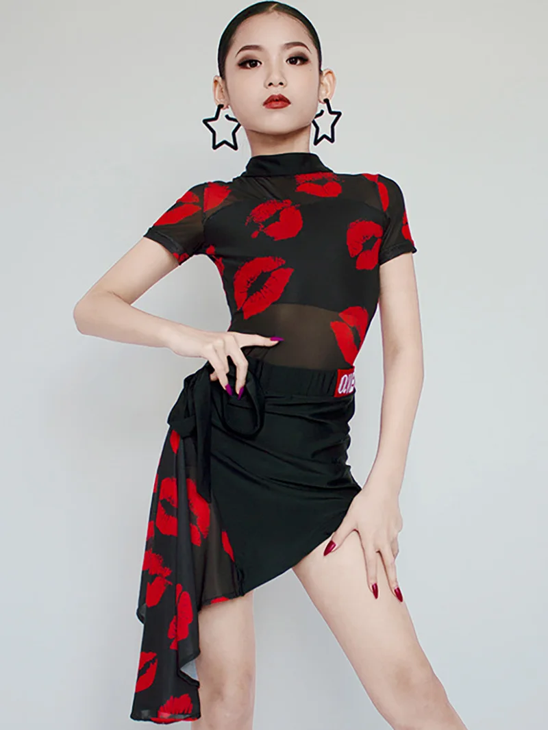 

Kids Girls Mesh Standard Print Backless Latin Dance Costume Children Professional Top Skirt Ballroom Rumba Training Dancewear