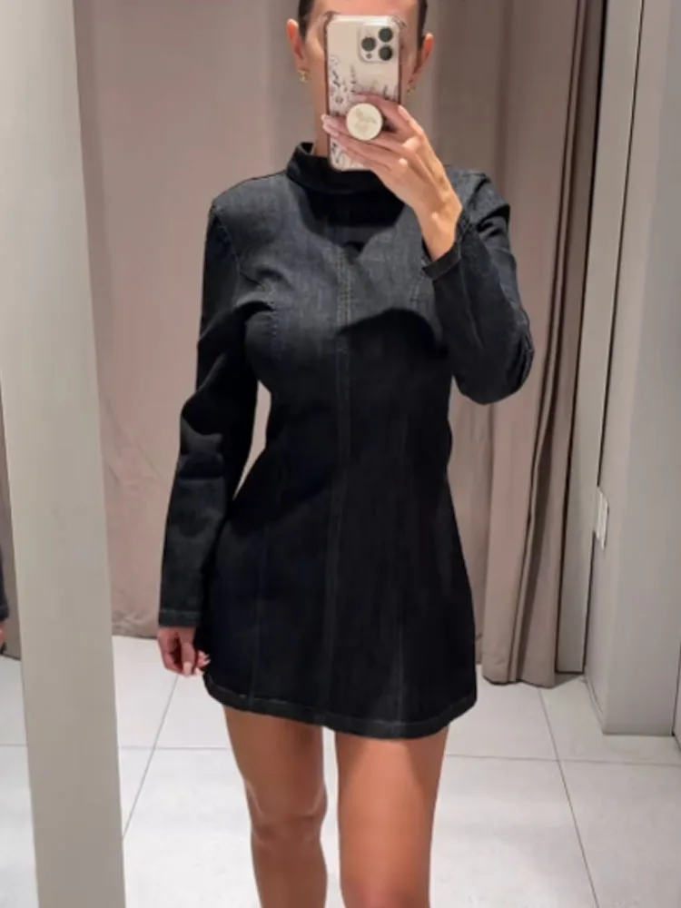

HH Women's New Fashion Retro Versatile High Collar Denim Mini Dress Female High Street Casual Slim Back Zipper Long Sleeve Dress
