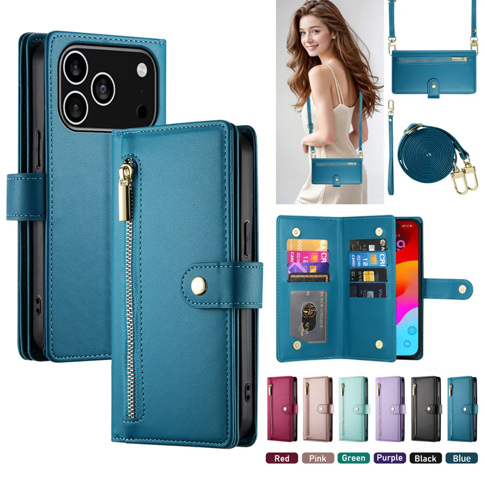 Reißverschluss-Leder-Crossbody-Handyhülle für iPhone 18 17 Air 16 15 14 13 12 11 Pro Max 16e XS XR 8 7 Plus SE mit Kartenfach und Brieftaschenfunktion – Detail 7