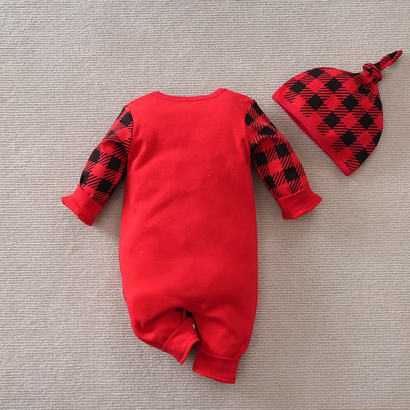 Christmas Festival Toddler 100% Cotton Romper and Hats Red and black checkered Snowflake Christmas Trees Round Neck Comfortable