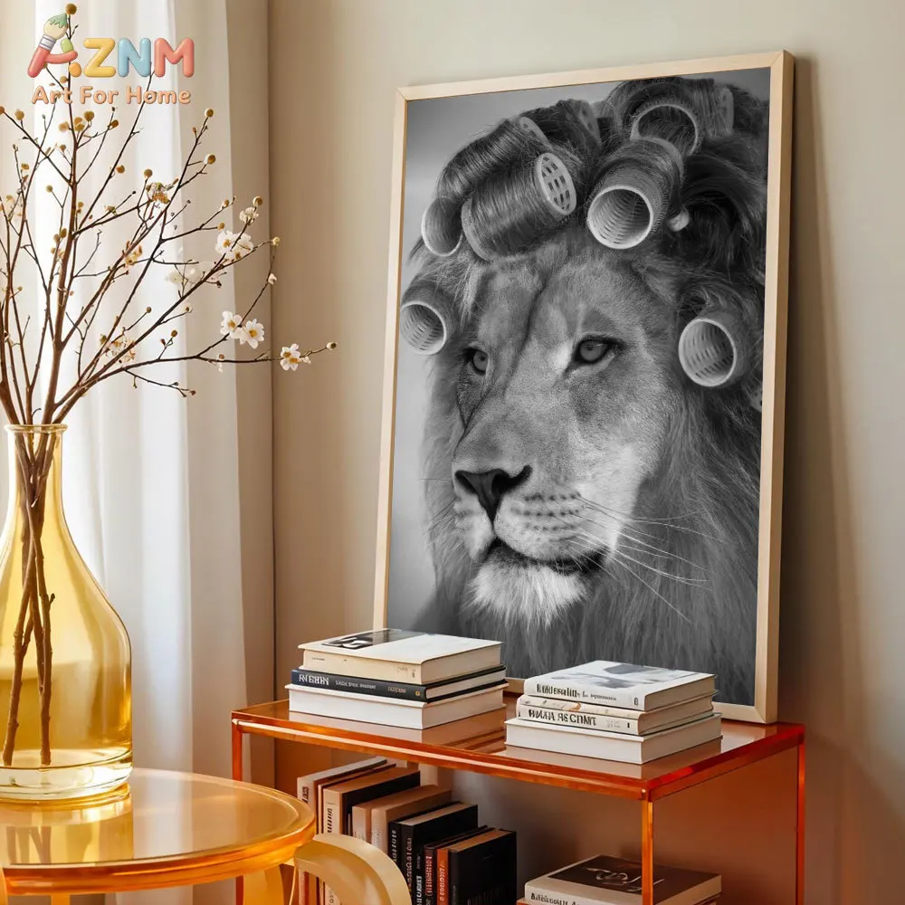 AZNM Funny Lion with Hair Rollers Canvas Wall Art, Black White Humorous Animal Print Poster, Unframed Whimsical Bathroom Decor A