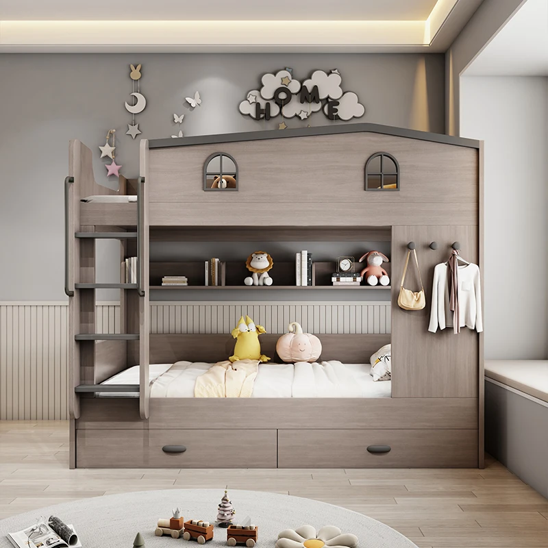 سرير أطفال إسكندنافي ذو طابقين، تصميم خشبي آمن، سرير أطفال على الطراز الحديث، روضة أطفال، أثاث منزلي مضاء
