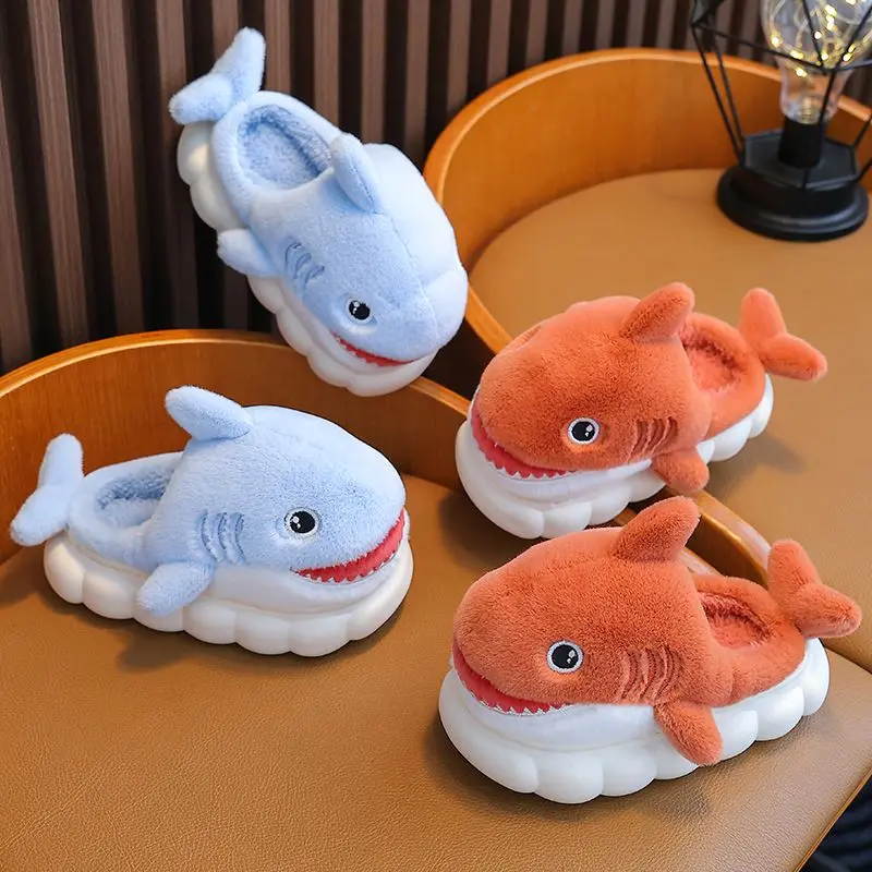 Newest 2023 Cute Shark Slippers Kids Shoes Boys Comfy Home Fluffy Slides Babi Cartoon Animal Fur Shoes EVA Cloud Platform