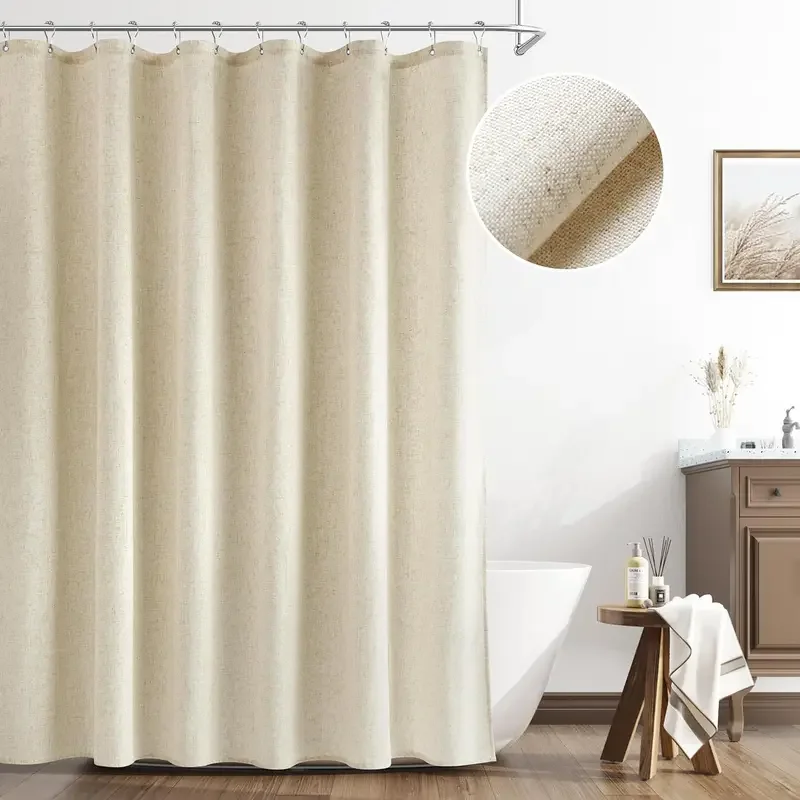 Thick Faux Linen Shower Curtain Waterproof Bathroom Bath Curtains Luxury Bathtub Bathing Cover Weighted Fabric with Hooks