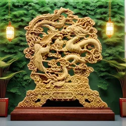 wood carving Dragon, Phoenix Decorative Statue Chinese Mascot Mythical Beast Home and office decoration ornaments