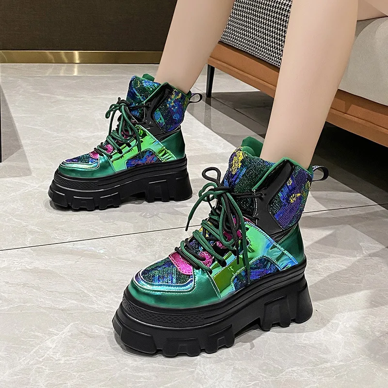 2024 New Fashion Trend Lace-up Combat Women Boots 7cm Chunky Heel Platform Women Boots British Style Thick Height Casual Boots