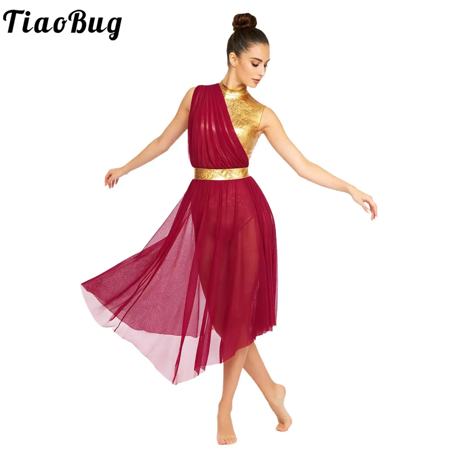 

Women Lyrical Modern Ballet Dance Dress Sleeveless Metallic Leotards Flowy Mesh Skirted Dress for Worship Praise Liturgical Robe