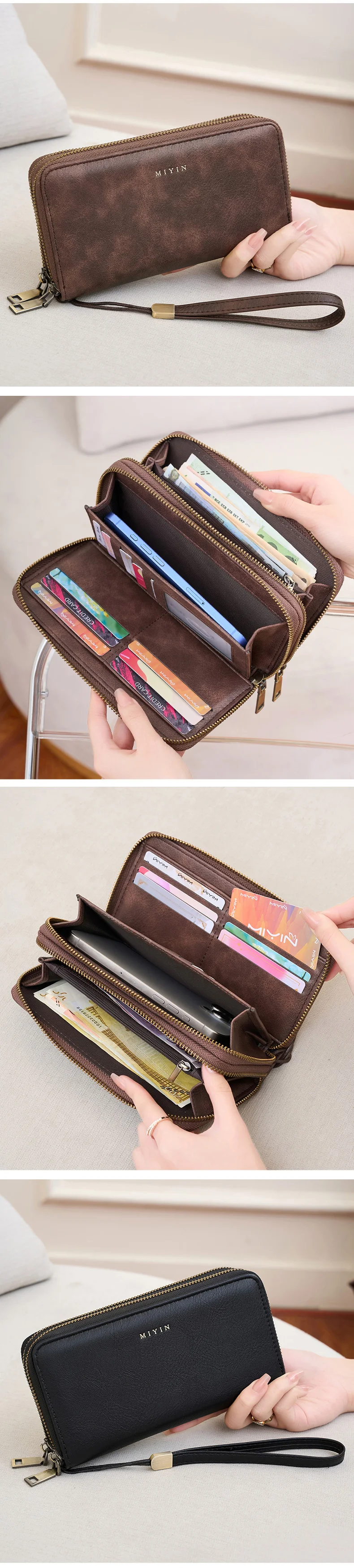 MIYIN Damen-Geldbörse, RFID-Abschirmung, Doppelreißverschluss, Damen-Clutch, Retro, minimalistisch, multifunktional, mit mehreren Kartenfächern, Kartenhalter – Detail 8