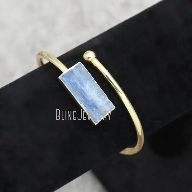 Kyanite Bar Adjustable Bangle Bracelet Women Crystal  Blue Natural Stone Gold Color Cuff Stainless Steel Jewelry Gift