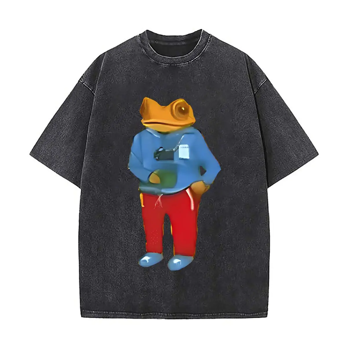 Plastic Frog Figurine Fashion Outfit Camera Home Decor Gift Washed Distressed Loose Streetwear Tops for City Walks