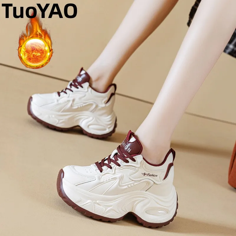 

9cm Chunky Sneakers Women Casual Shoes Genuine Leather Platform Sneakers Comfortable Warm Fur Fashion Sneakers Shoes