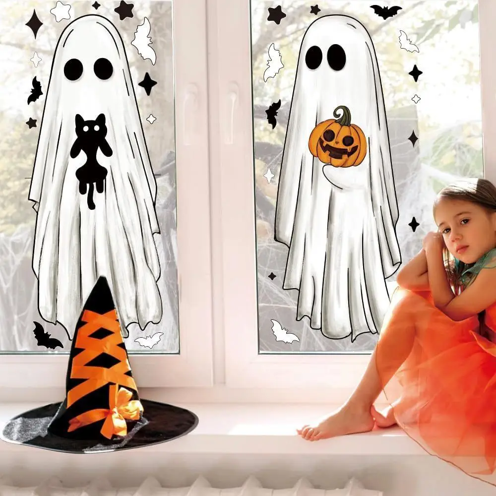 Multicolor Halloween Decoration Sticker Cartoon Ghost Black Cat Pumpkin Window Clings Film Electrostatic Bat Star