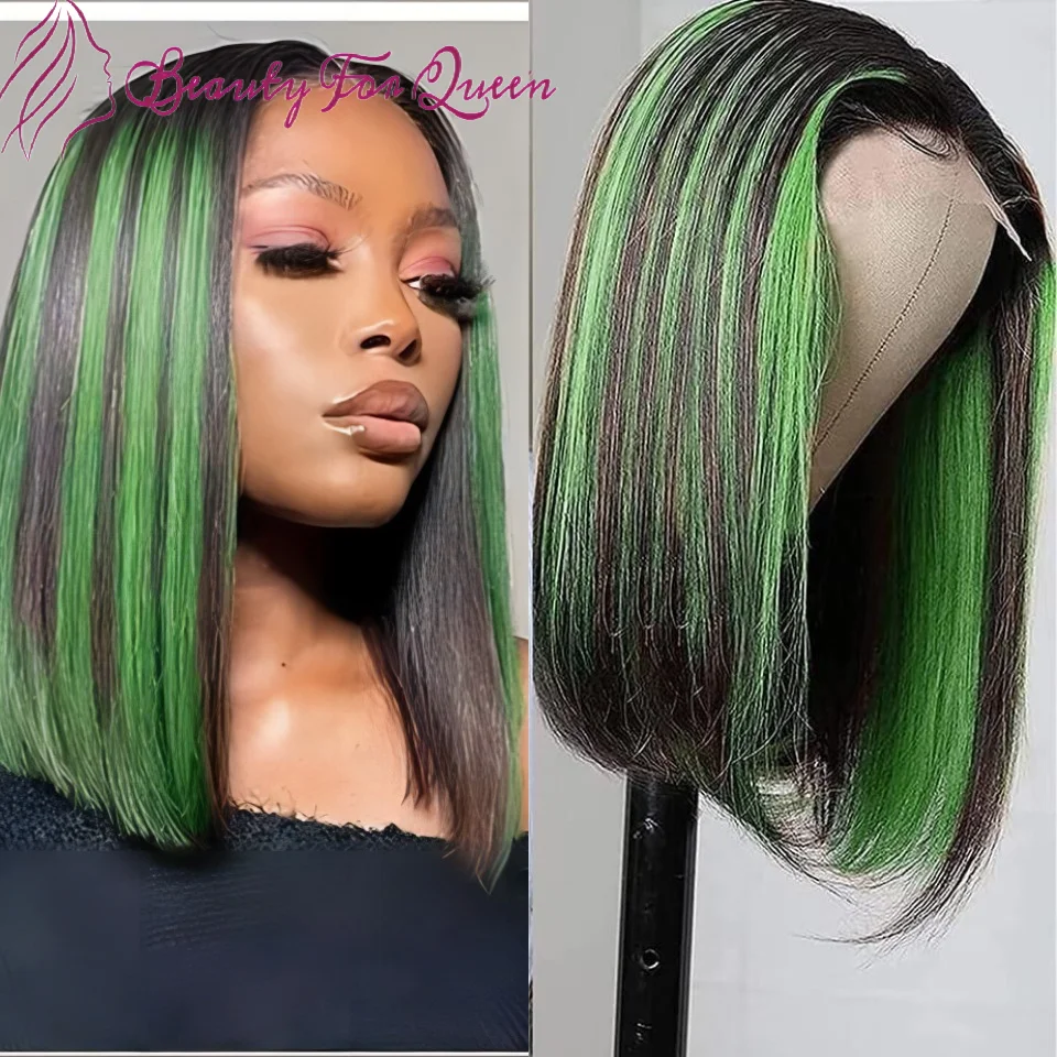 

Бразильский парик из натуральных волос с цветными прядями, зеленый с черным, прямой короткий боб, прозрачный кружевной фронтальный парик 13x4 для женщин