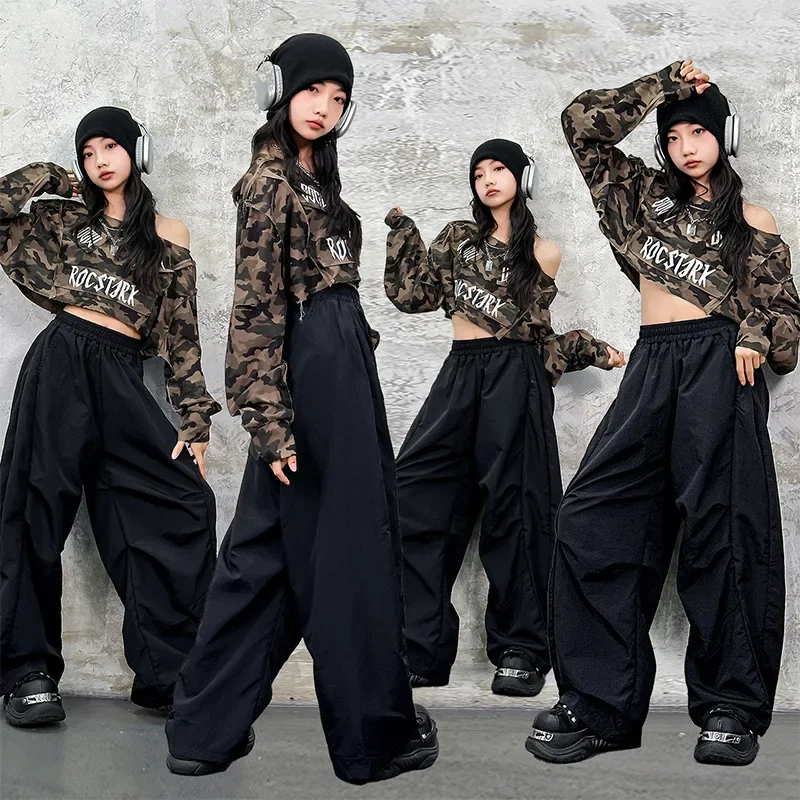 Girls Group Jazz Dance Performance Outfit Camouflage Streetwear Long Sve round Ne Basic Pa Kid Hip Hop Dance Costume