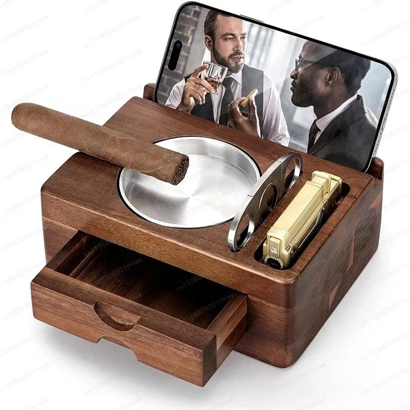 American Style Solid Wood Cigar Ashtray With Drawer, Portable Wooden Cigar Ashtray