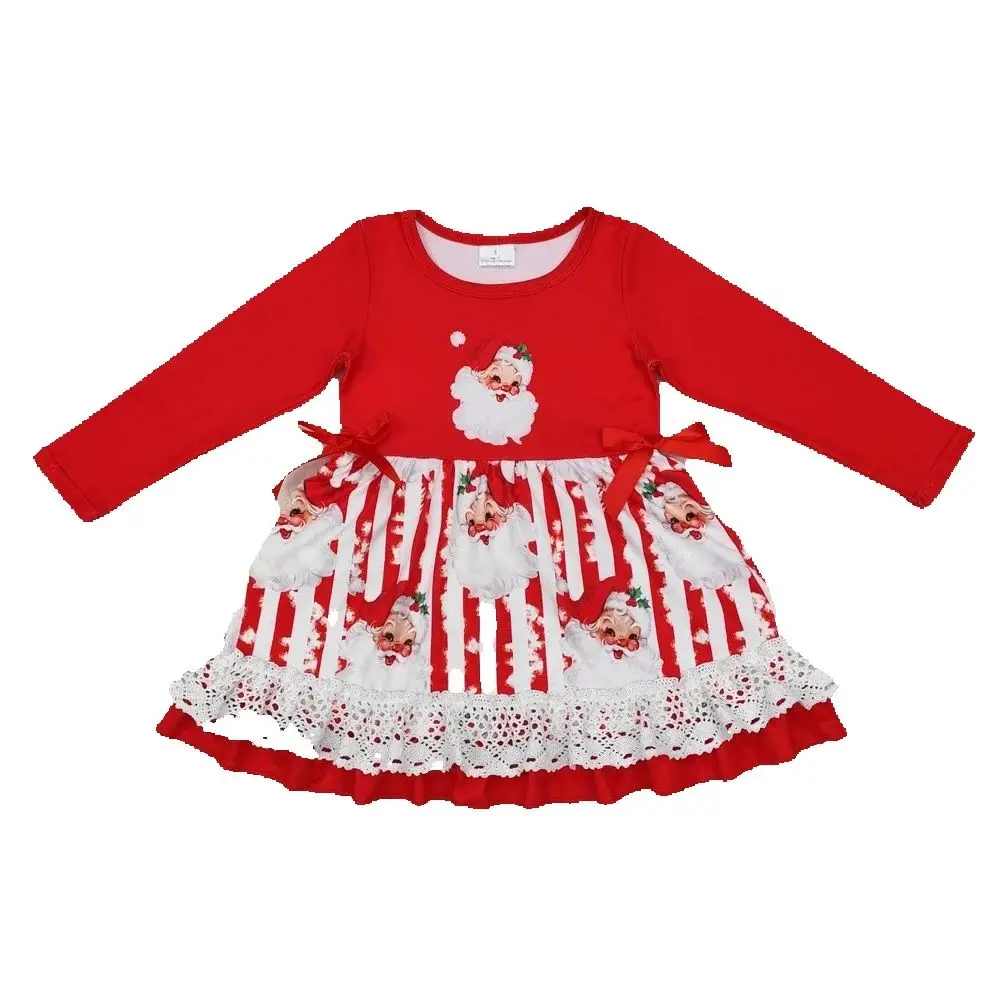 

Hot Sale Christmas Design Baby Girls Dress Bow Santa Ruffle Dresses Fall Christmas Kids Clothes Wholesale Toddler Girls Dresses
