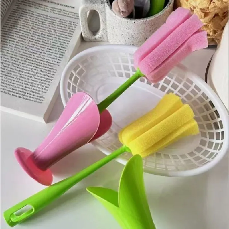 1Pc Tulip Shape Long Handle Mug Cleaning Brush with Base Removable Sponge Replacement Head Mug Brush Mug Washers