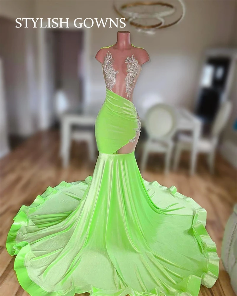 

Green O Neck Long Prom Dresses Bead Appliques Mermaid Beauty Pageant Gowns O Neck Black Girls Special Occasion Dress Customized