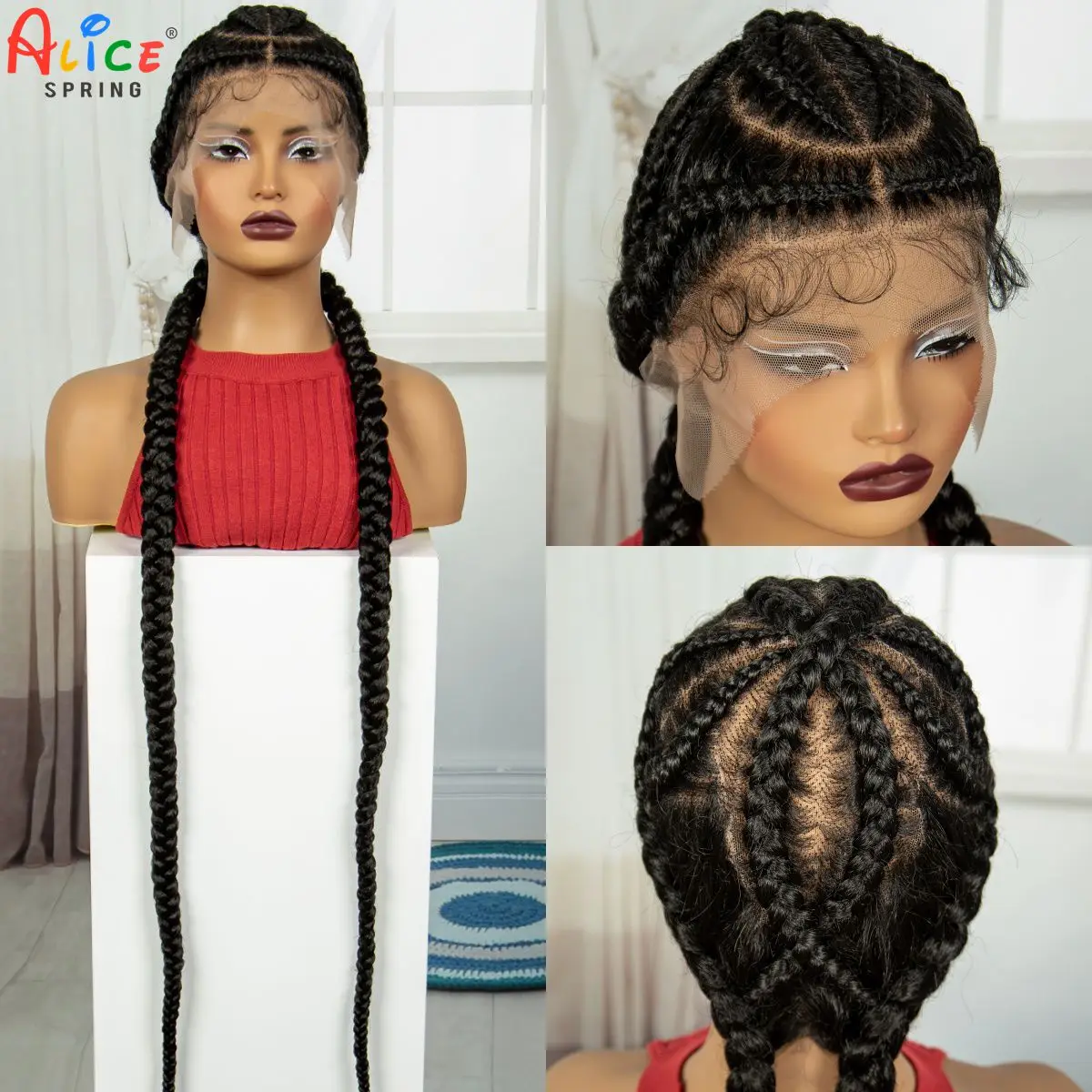 48 polegada super longo laço completo cornrow trançado perucas sintéticas kontless tranças peruca frontal do laço trançado perucas de renda para preto