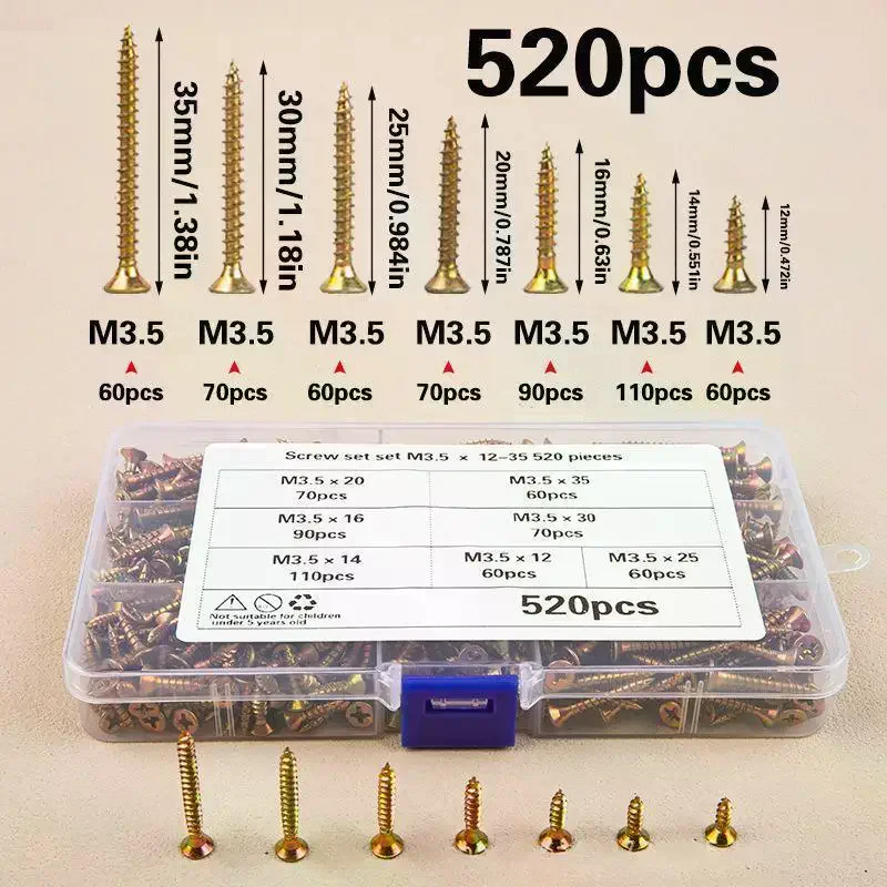 520Pcs Boxed M3.5 Countersunk Head Self-Tapping Screws Kit Color Galvanized Screws Set For Woodworking Industrial