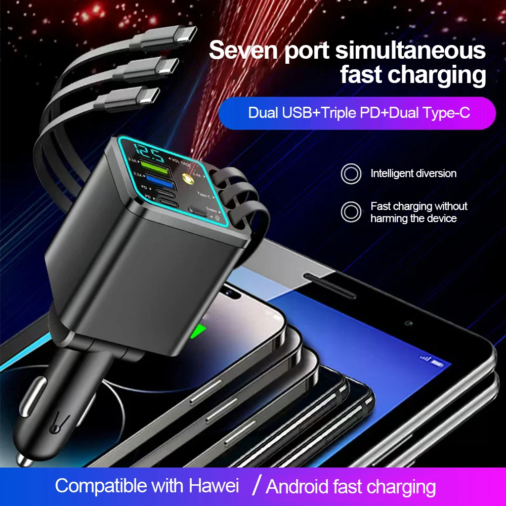 

7 In 1 Quick Phone Charger 148W PD Type C Dual USB Phone Charger Digital Voltmeter with 3 Retractable Cables For IPhone Huawei