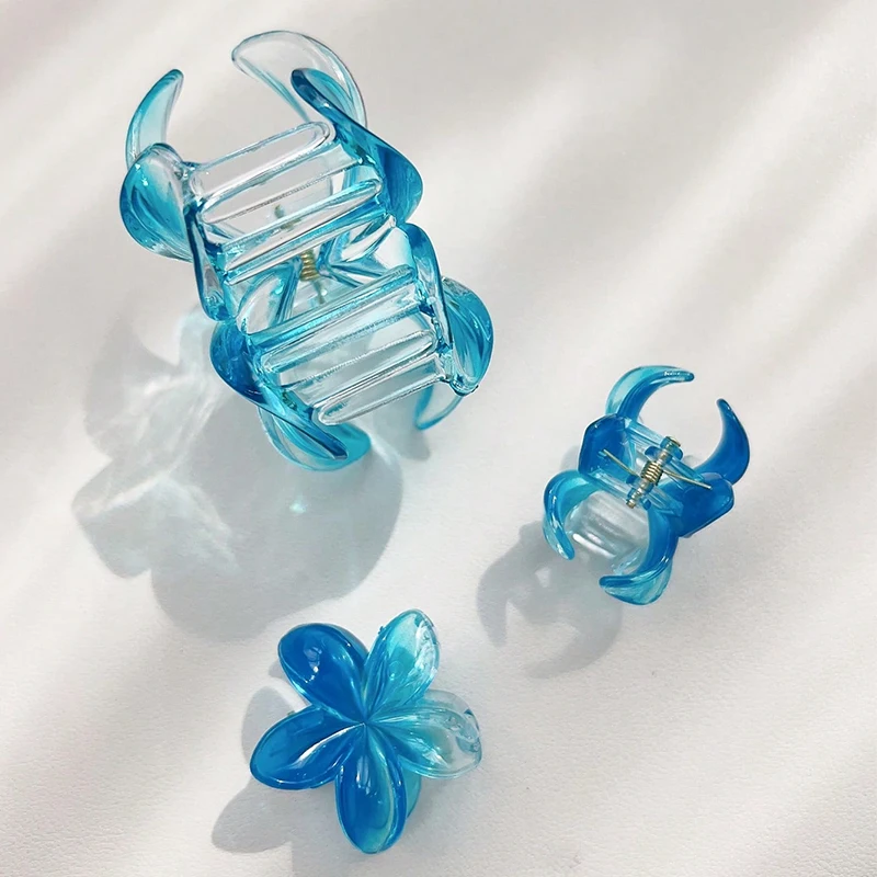 3pcs Shiny Ombre Translucent Blue Frangipani Flower Hair Claws, Big & Small Size, Beachy Spring/Summer Hair Clip Accessories image 2