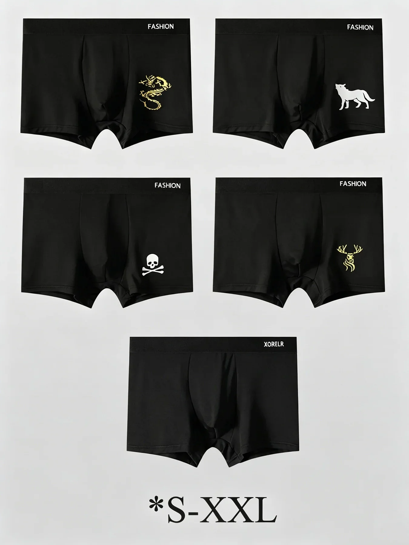 5-piece men's dark style printed flat-leg pants with dragon/Wolf/skull personalized pattern FASHION belt underwear