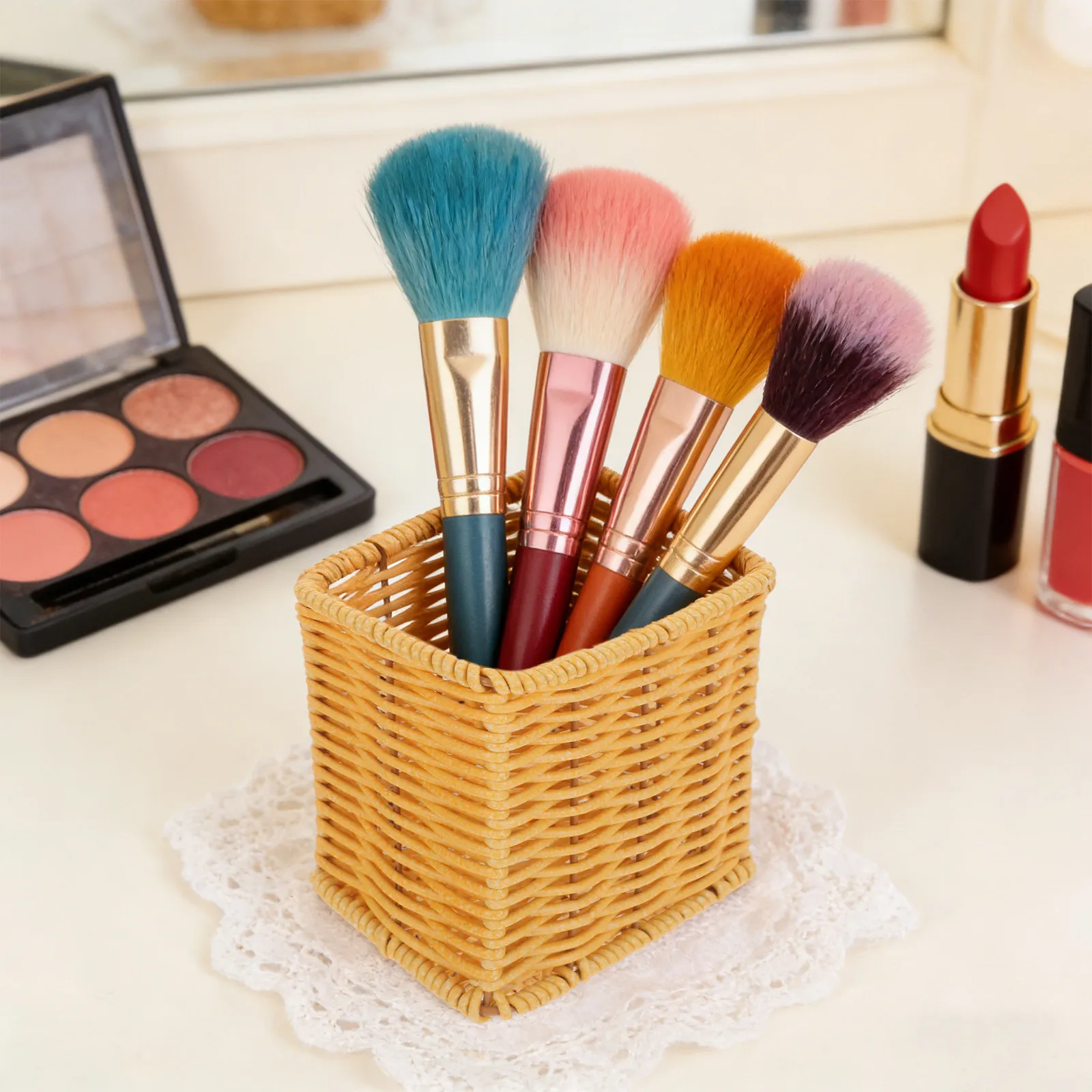 Imitation Rattan Desk Pen Holder Woven Desktop Organizer for Pens Pencils Makeup Brushes Kitchen Utensils Stationery Storage