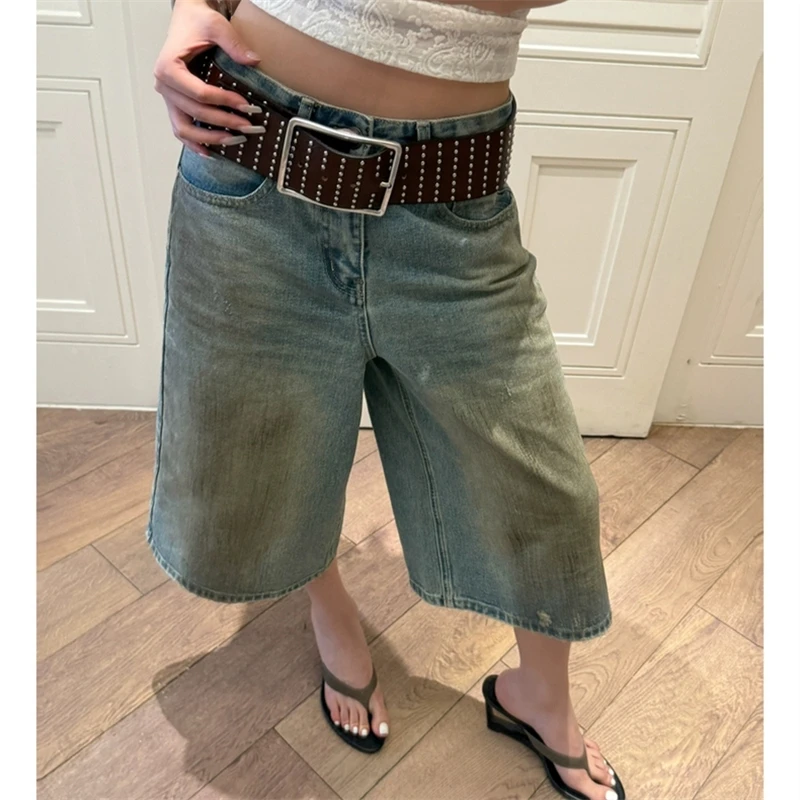 

Women's Dirty Rubbing Color Calf-length Jeans High Waist Vintage Hip Hop Baggy Straight Girl Pant Street Wide Leg Denim Trouser
