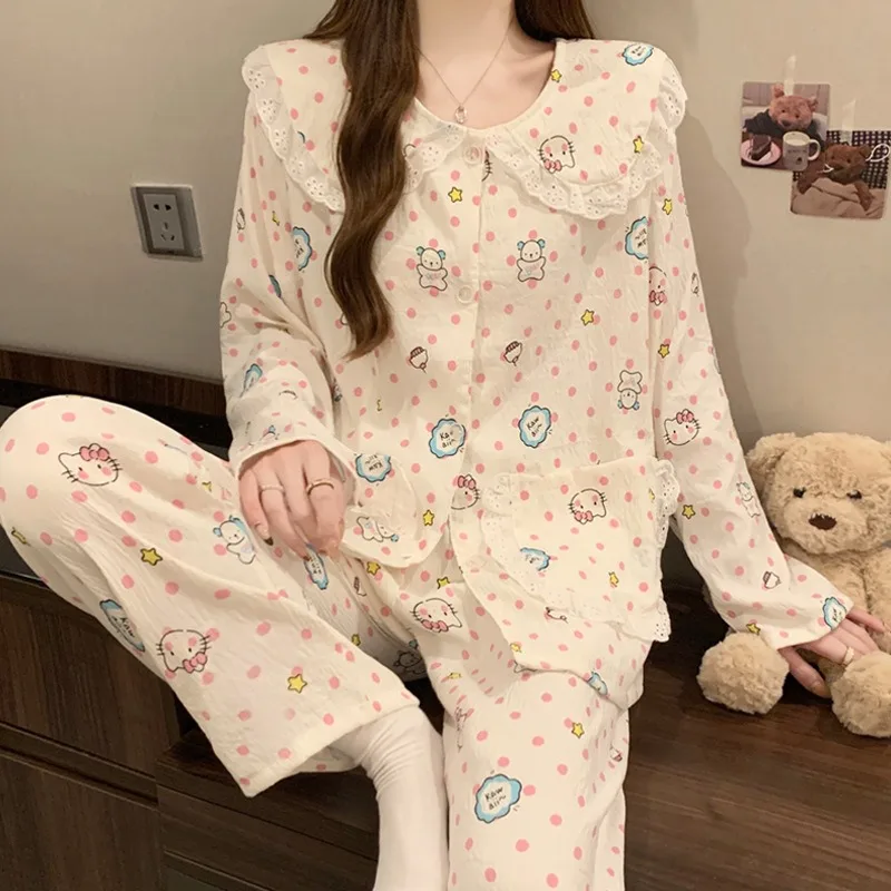 Sanrio pajamas spring and autumn long-sleeved HelloKitty polka dot cute doll collar pajamas female cartoon cute girl loungewear