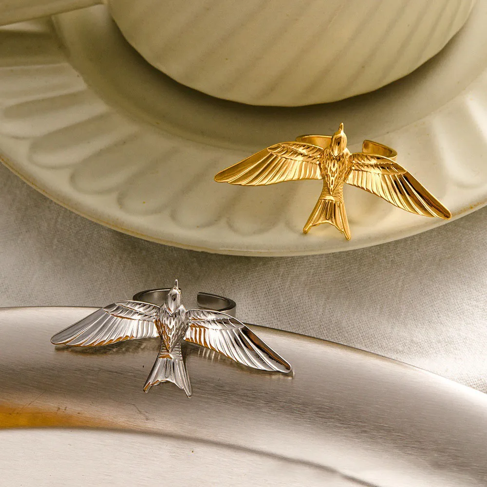 Stainless Steel Flying Bird Rings for Women Fashion Ring Jewelry Gifts Opening Resizable