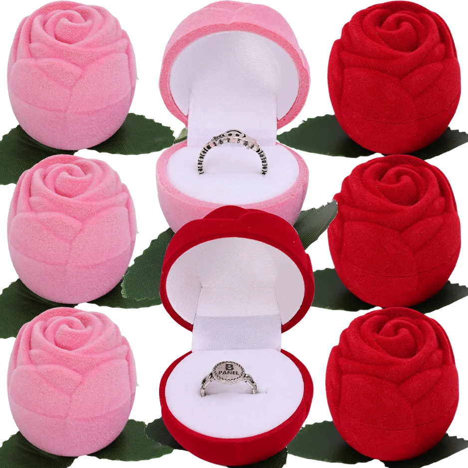 Wholesale Flock Rose Floral Ring Box Jewelry Storage Case Counter Display Package Wedding Valentine’s Day Gift Box Organizers