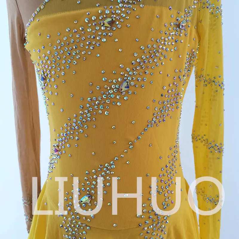 LIUHUO Abito da pattinaggio artistico su ghiaccio Ragazze Donne Adolescenti Abito da competizione giallo in spandex elastico all'ingrosso