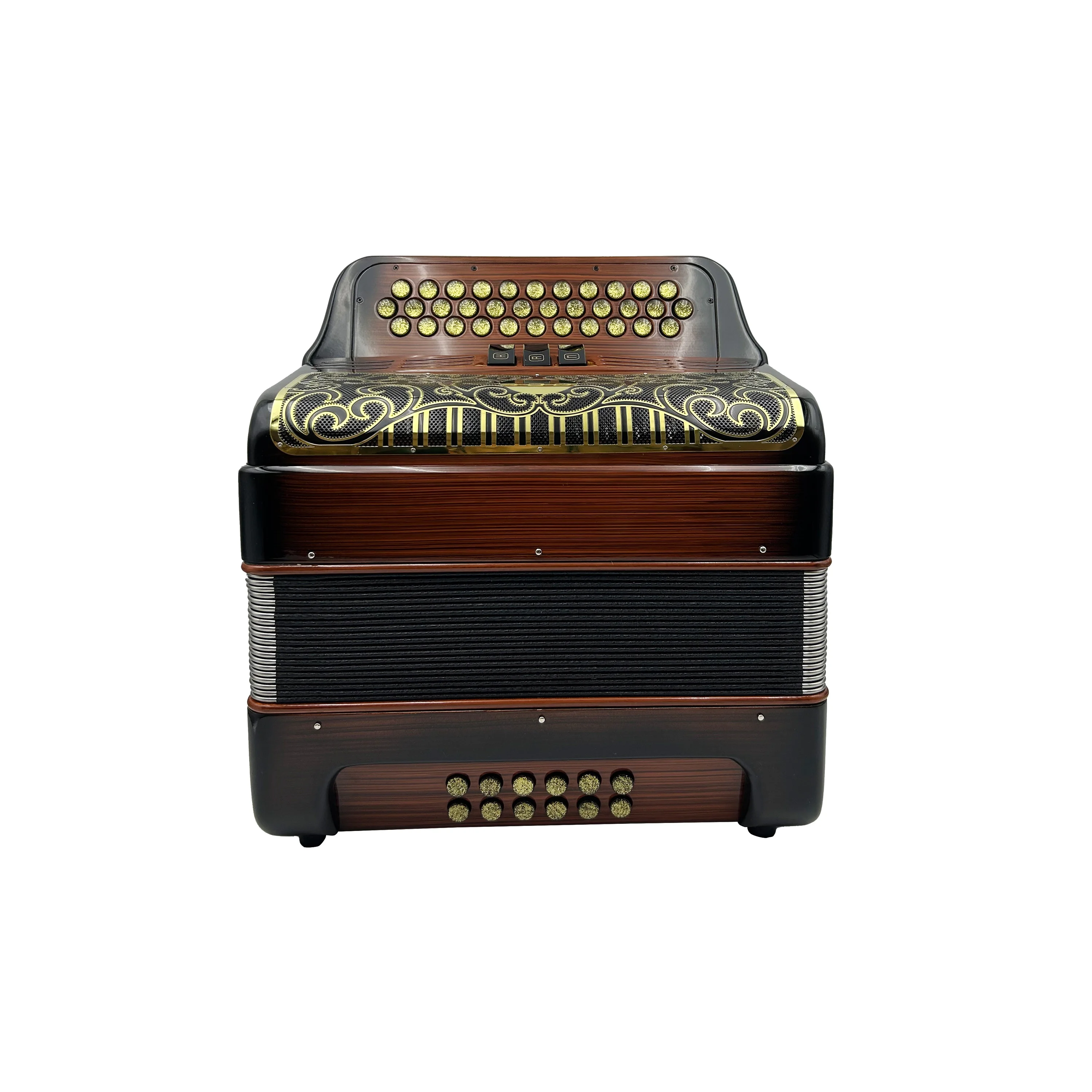 34 Buttons 12 Bass 3 Registers Diatonic Accordion Wood Flame Body Black Gold Grill For Folk Practice Stage Performance