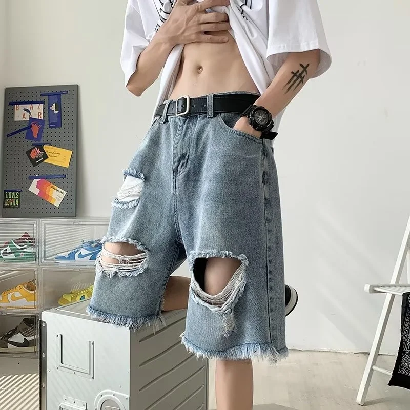 

Casual Five-Quarter ort Pants Men's Trendy Brand Hong Kong Sle Summer Thin Hole Ripped Personali Jeans Loose Straight Cut