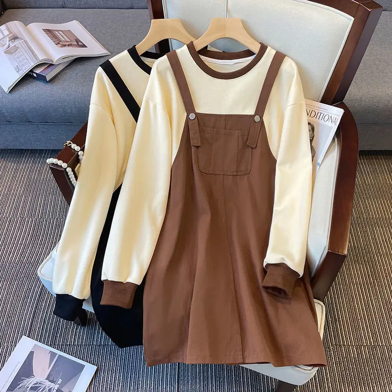 Spring Autumn Oversized Korean Buttons Patchwork Pullover O-neck Long Sleeve Casual Dresses Femme Lively Pocket Loose Dresses