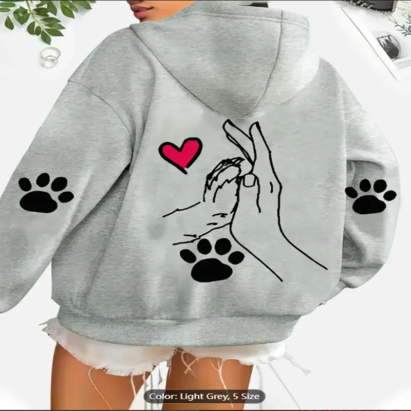 

Толстовка с капюшоном из 100% полиэстера — повседневная толстовка с принтом лапы собаки и сердца и карманами — коллекция осень/зима