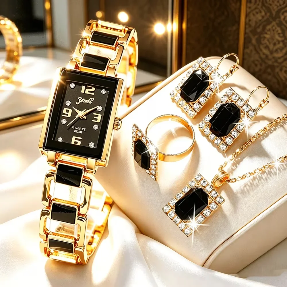 5PCS Classic Women Watch Jewelry Set Luxury Square Dial Quartz Wristwatch Crystal Necklace Earrings Ring Gifts Relogio Feminino
