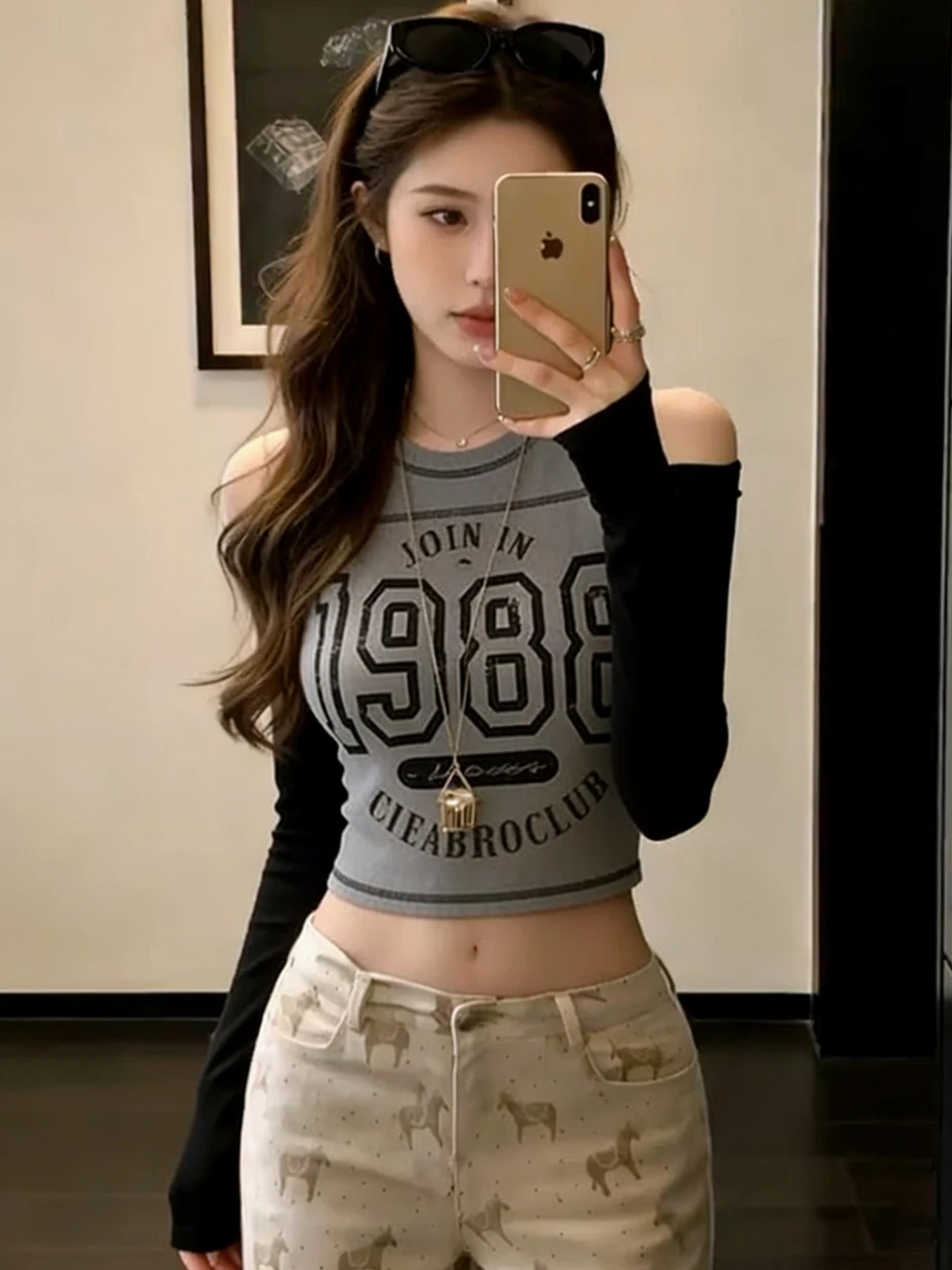 Unique Beautiful Shoulder Bared Long Sleeve T Shirt Women's Style Commute Korean Version Universal Fit Slimming Spring 2026