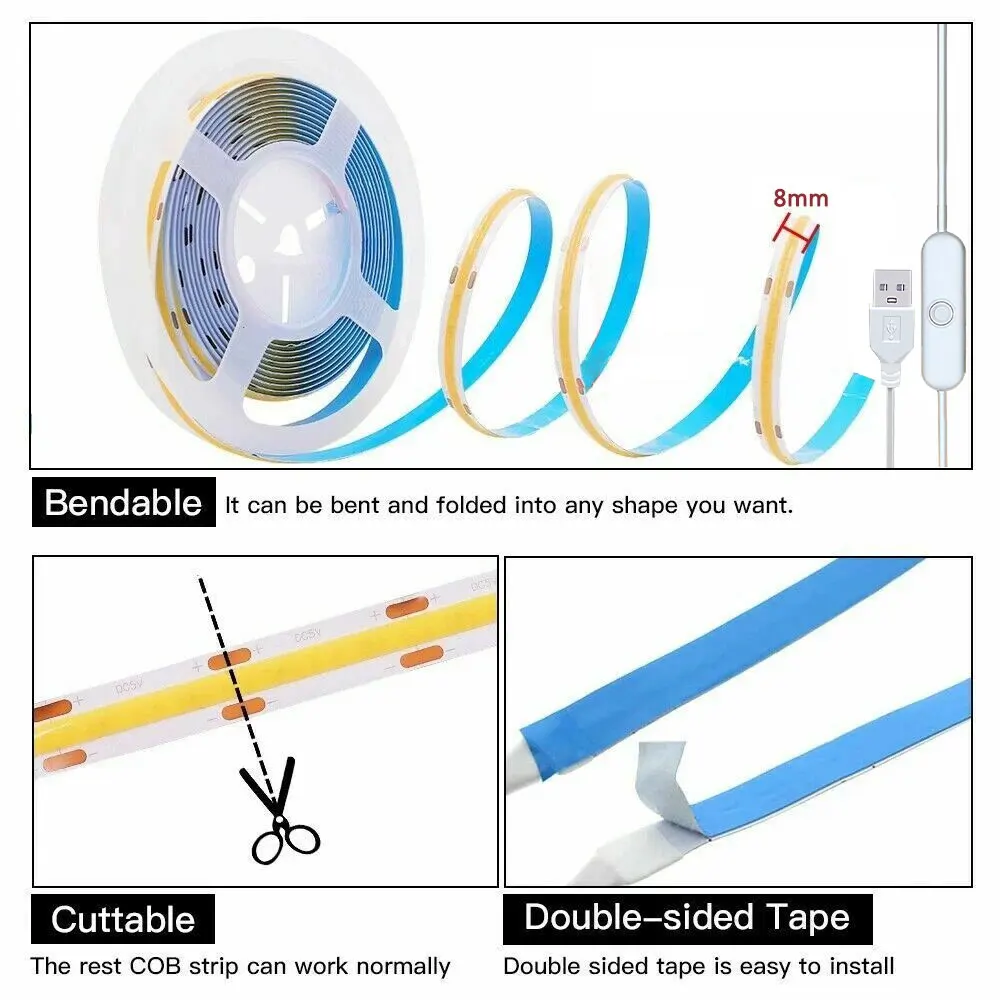 5V USB COB LED Strip, Flexible Ribbon Light with Uniform Glow for Bedroom, Living Room, TV & Cabinet Decor