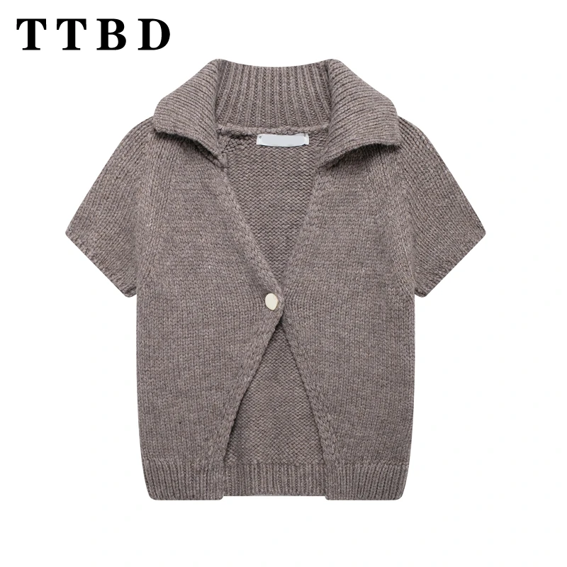 

TTBD 2024, осенний новый женский модный вязаный кардиган с отложным воротником, женский шикарный вязаный кардиган на одной пуговице, куртка с короткими рукавами, топ