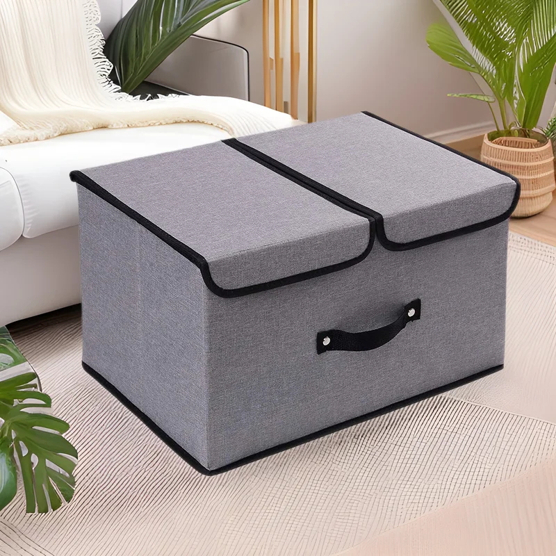 

"Extra Large Jute Storage Box - 2-Layer Lid Fabric Bin for Seasonal Clothing, Space Saving Collapsible Design organizer box