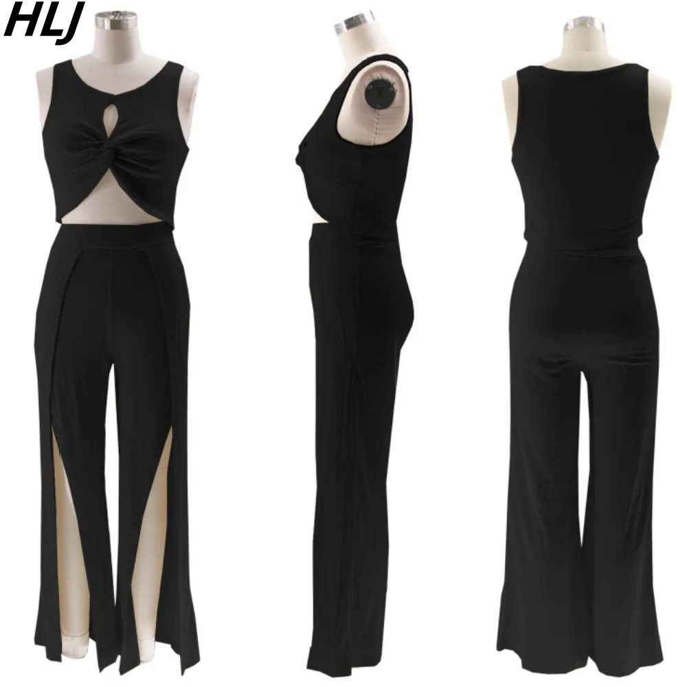 HLJ Elegant Lady Solid Color Hollow Out Slit Pants Two Piece Sets Women Round Neck Sleeveless Crop Top And Wide Leg Pants Outfit