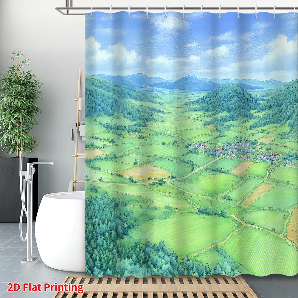 

Waterproof Nature Landscape Shower Curtain Bathroom Decor Countryside View Rolling Hills Mural Washroom Liner 180x180cm