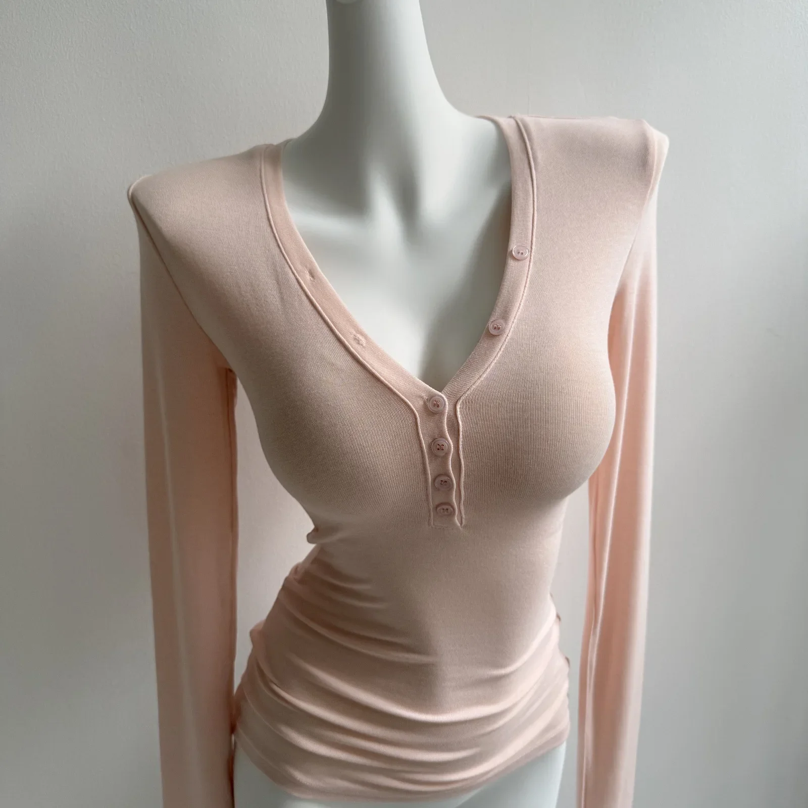 Women V Neck Button Placket Long Sleeve T Shirt Ribbed Ruched Slim Fit Solid Gray Basic Sheer Stretch Casual Tee Tops