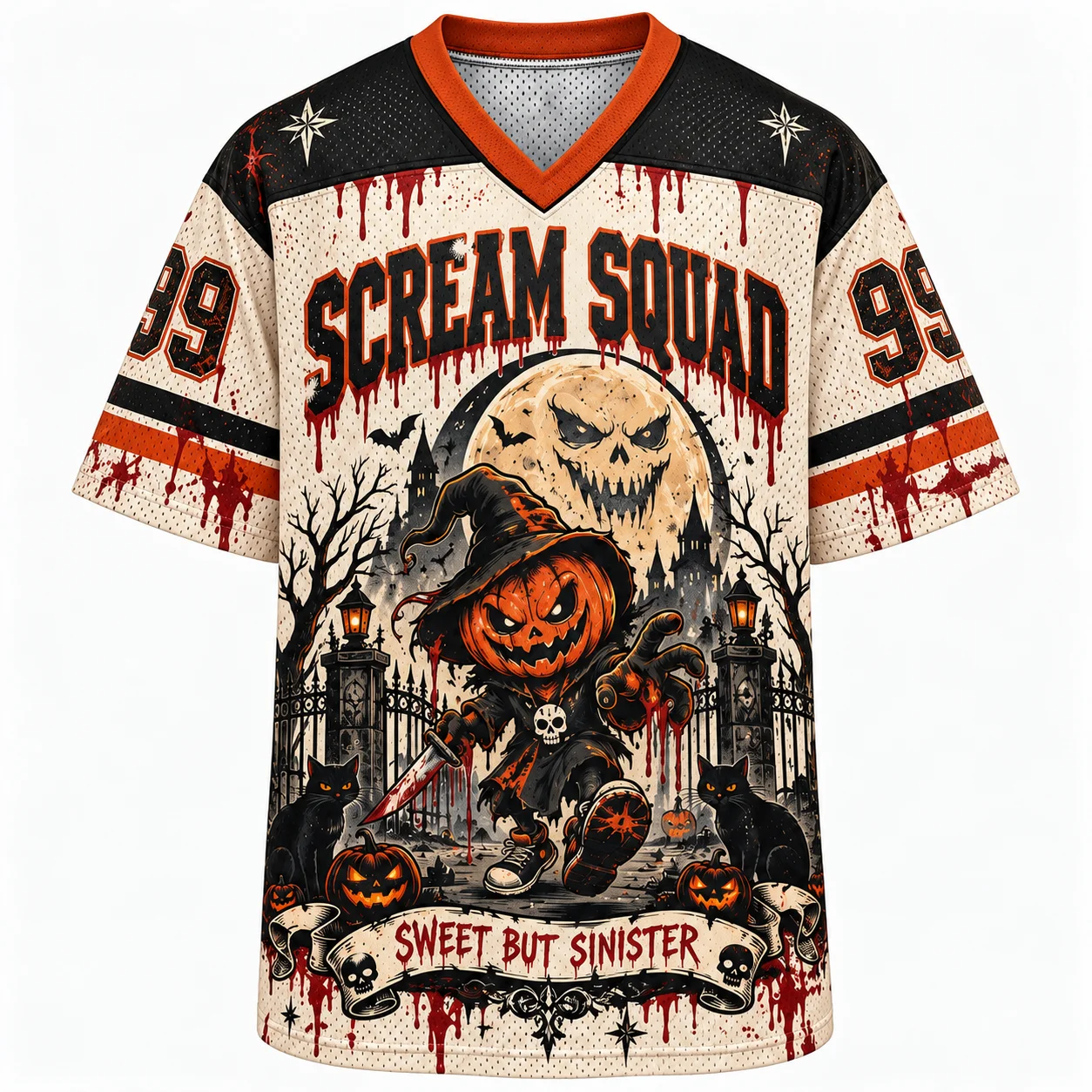 Scream Squad 99 Halloween Oversized Mesh Jersey, Horror Pumpkin Witch Skull Black Cat Print V‑Neck Short Sleeve Party Streetwear