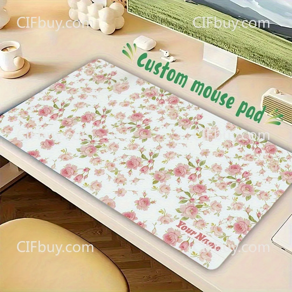 Multi‑Size Decor Desk Mat, Customizable Light Pink Floral Mouse Pad, Great Holiday Gift for Office Colleague, Family & Friends